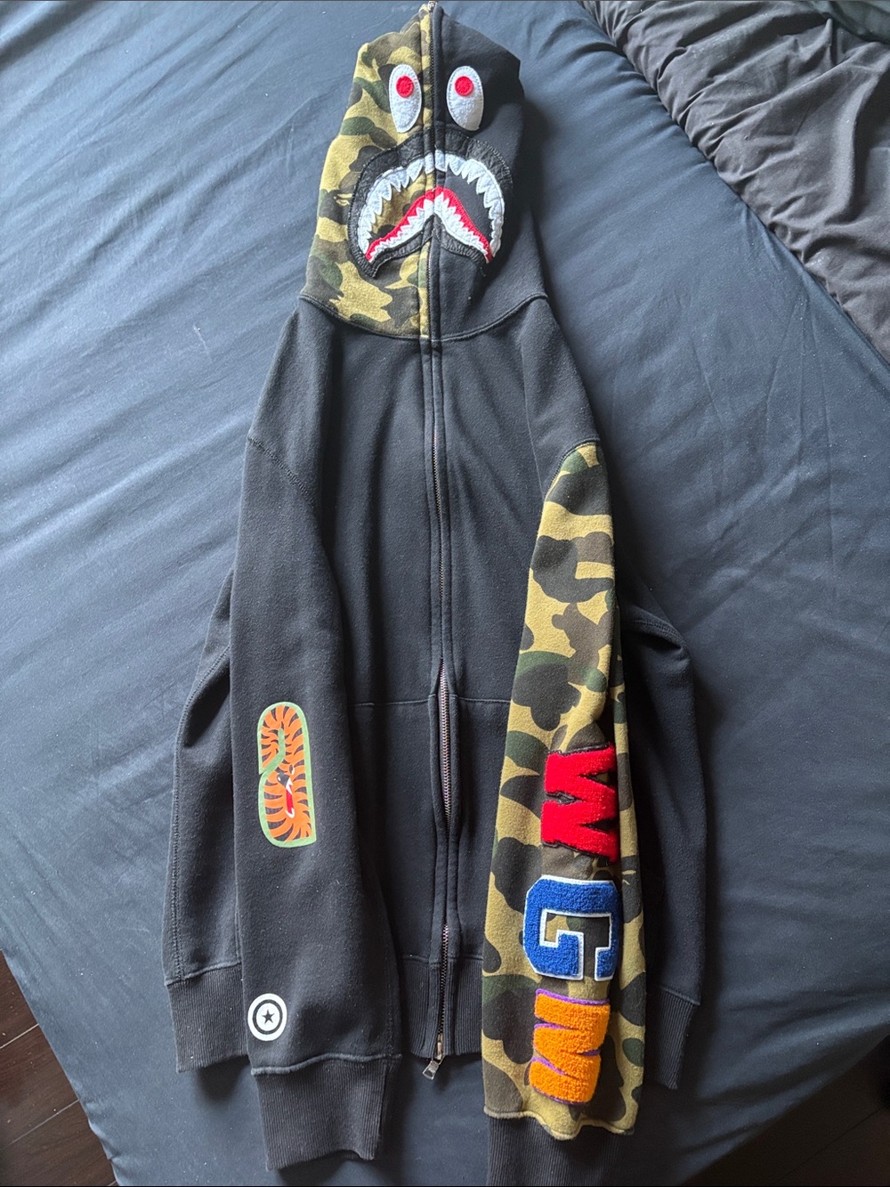 Bape Black & Camouflage Shark Zip Hoodie with Multicolor Lettering